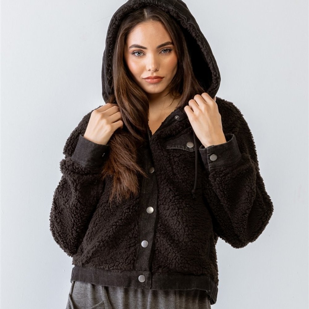 Black Button-Up Two Pocket Long Sleeve Hooded Teddy Jacket... W/ Denim Trim!